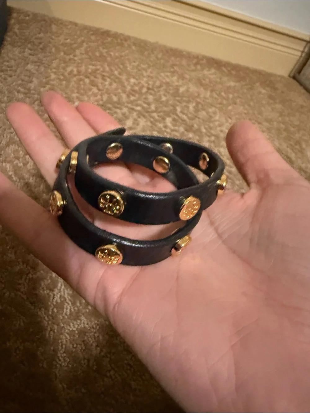 Tory Burch Black Double-Wrap Leather Bracelet with Gold Logo Studs